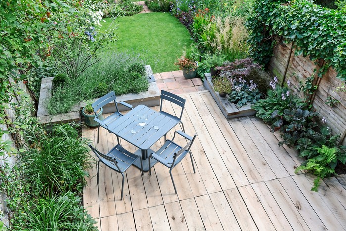 Decking in a small garden.