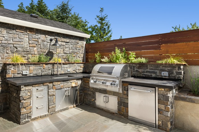 Outdoor kitchen with fridge. Getty Images Outdoor kitchen with fridge. Getty Images